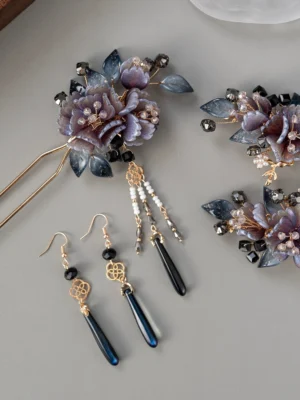 Complete dark purple floral Hanfu hair accessories set displayed on a minimalist gray background with resin peony flowers, gold-tone details, beaded tassels, and matching drop earrings