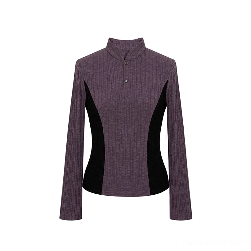 Dark purple ribbed long sleeve knit top with stand collar half button placket and black waist shaping side panels