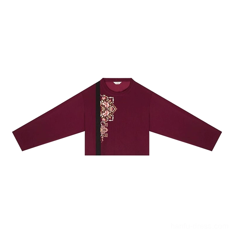 Flat lay view of the dark red cropped Ming-style hanfu jacket with black stand collar, contrast trim, and golden floral chest embroidery
