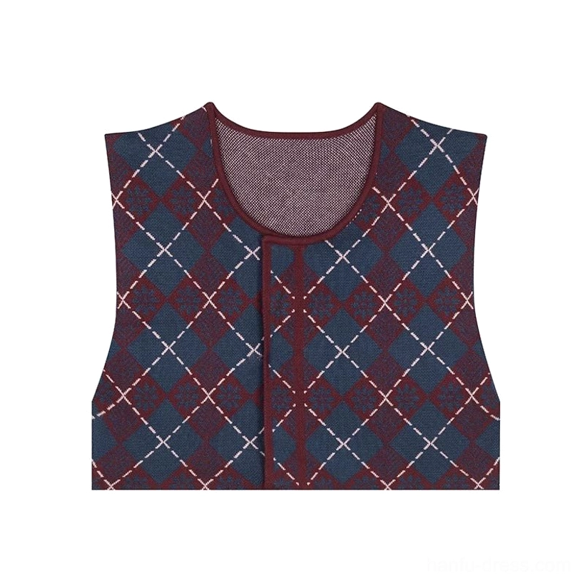 Flat lay of a dark red and navy argyle cropped beizi overlay with round neckline, front placket, and white cross-stitch pattern details