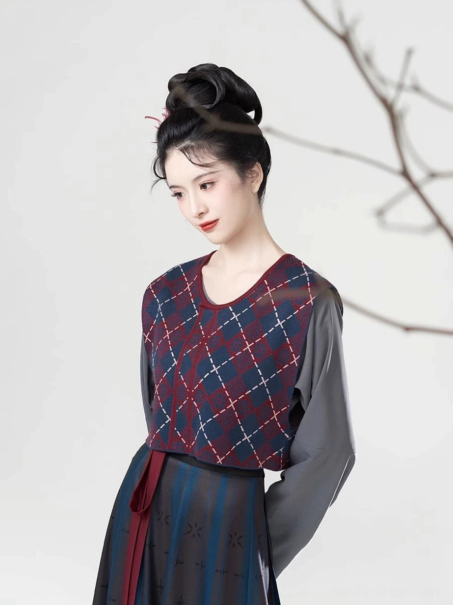 Close-up of dark red and navy argyle beizi overlay with round neckline, grey Hanfu inner shirt, wide sleeves, and high-waisted skirt styling