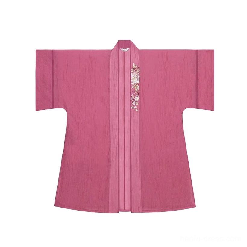 Dark rose pink Song Dynasty beizi outer jacket with wide open sleeves, floral embroidery, and textured fabric flat lay
