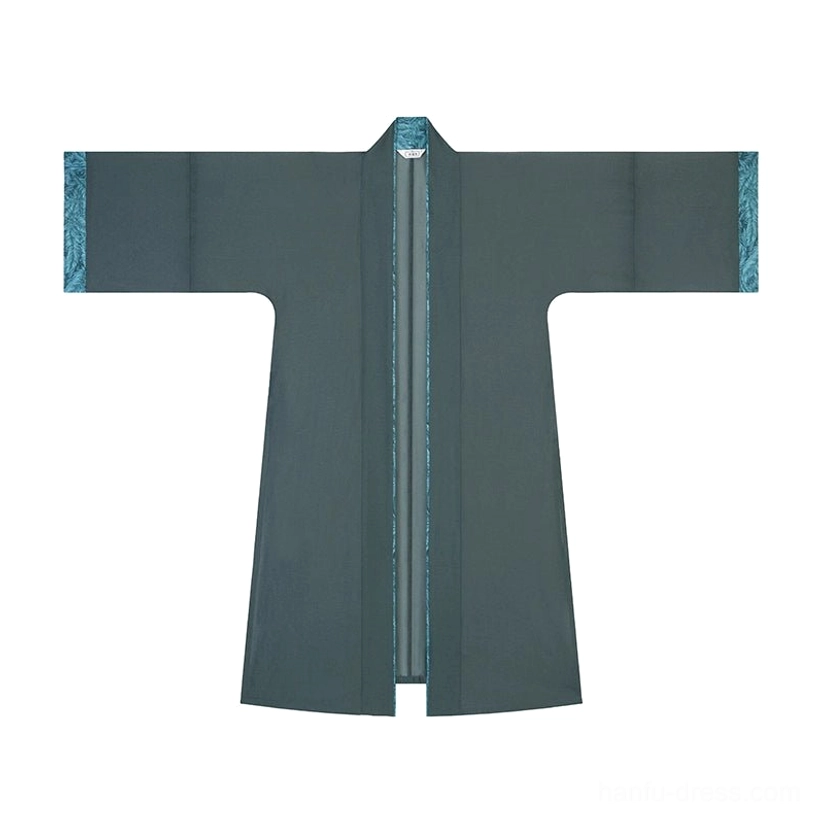 Dark sage green sheer Hanfu overcoat flat lay with teal peacock feather print trim at collar and cuffs