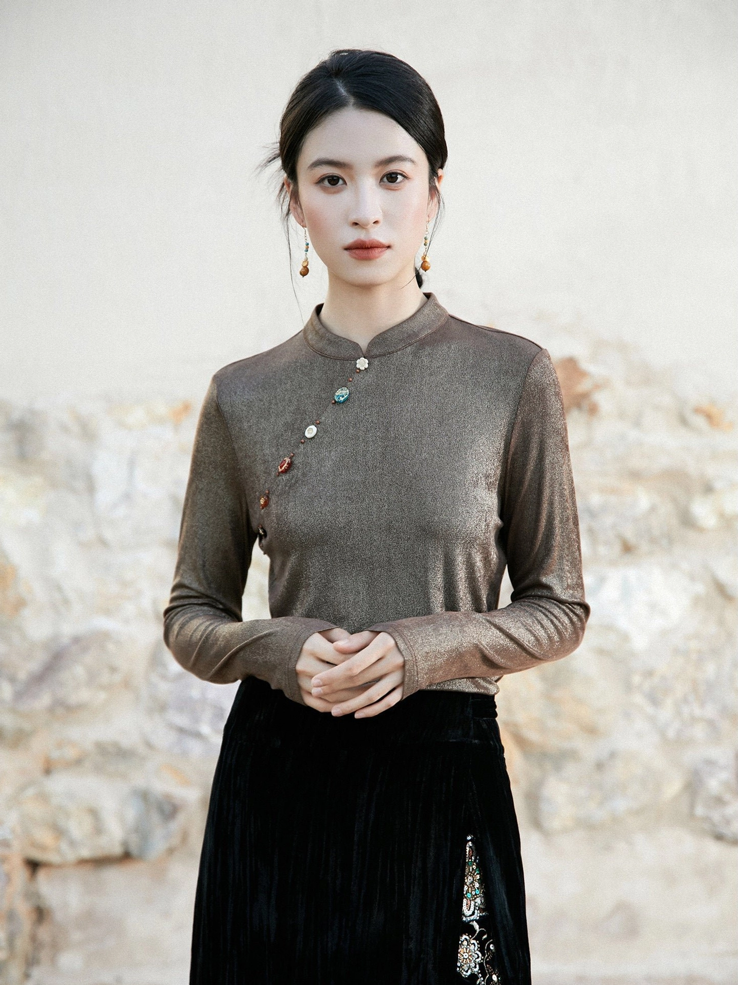 Dark taupe Chinese-inspired women’s satin shimmer Hanfu top with stand collar, diagonal decorative buttons, long sleeves, and embroidered midi skirt