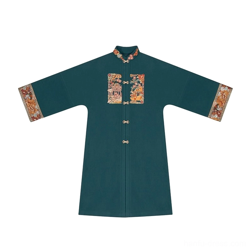 Flat lay of a dark teal Ming Dynasty Hanfu stand-collar robe with embroidered chest motif, cuffs, frog buttons, and traditional trim