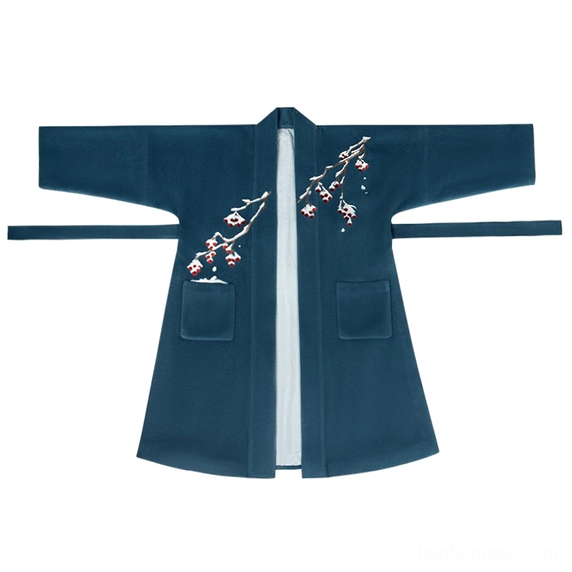 Flat lay view of a dark teal Song Dynasty-inspired Hanfu beizi coat with wide sleeves, floral embroidery, two front patch pockets, waist belt straps, and light-colored lining