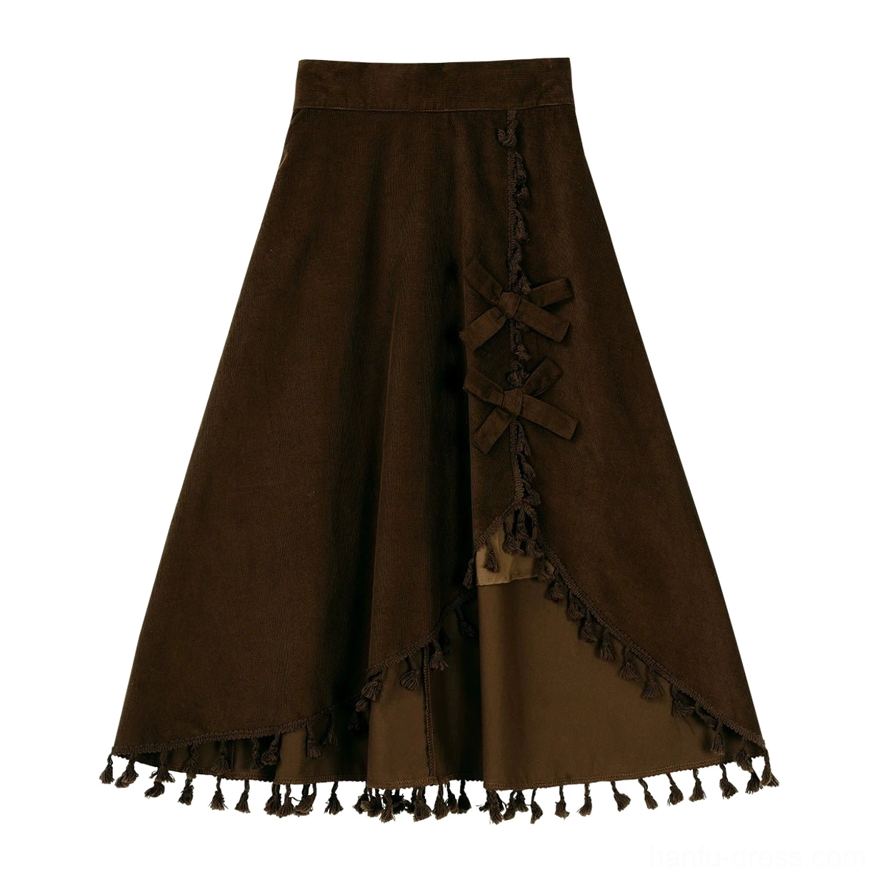 Flat lay of a deep brown modern Hanfu asymmetric midi skirt with high waist A-line shape, side cross bow knot, and tassel trimmed hem