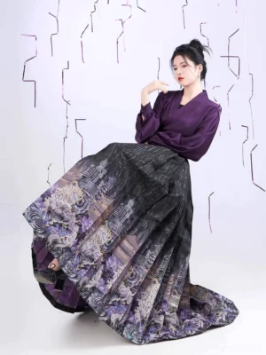 Deep purple Chinese hanfu blouse with wide winged sleeves styled with a black cyber kirin Mamian skirt in a minimalist studio