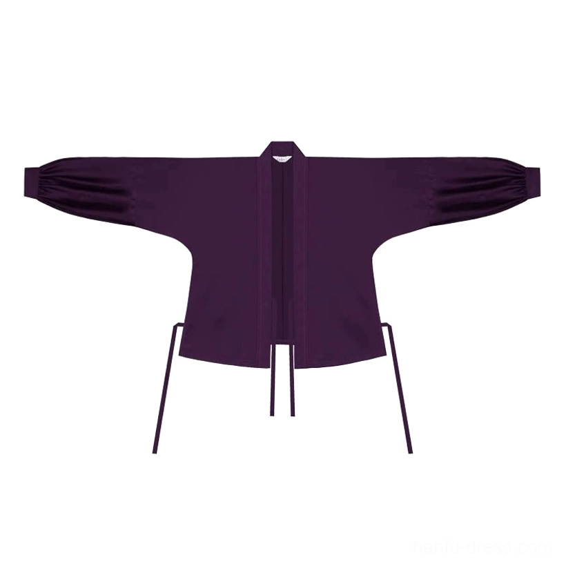 Flat lay front view of deep purple Ming-style Hanfu winged sleeve cross-collar top with tie closures and satin-like texture