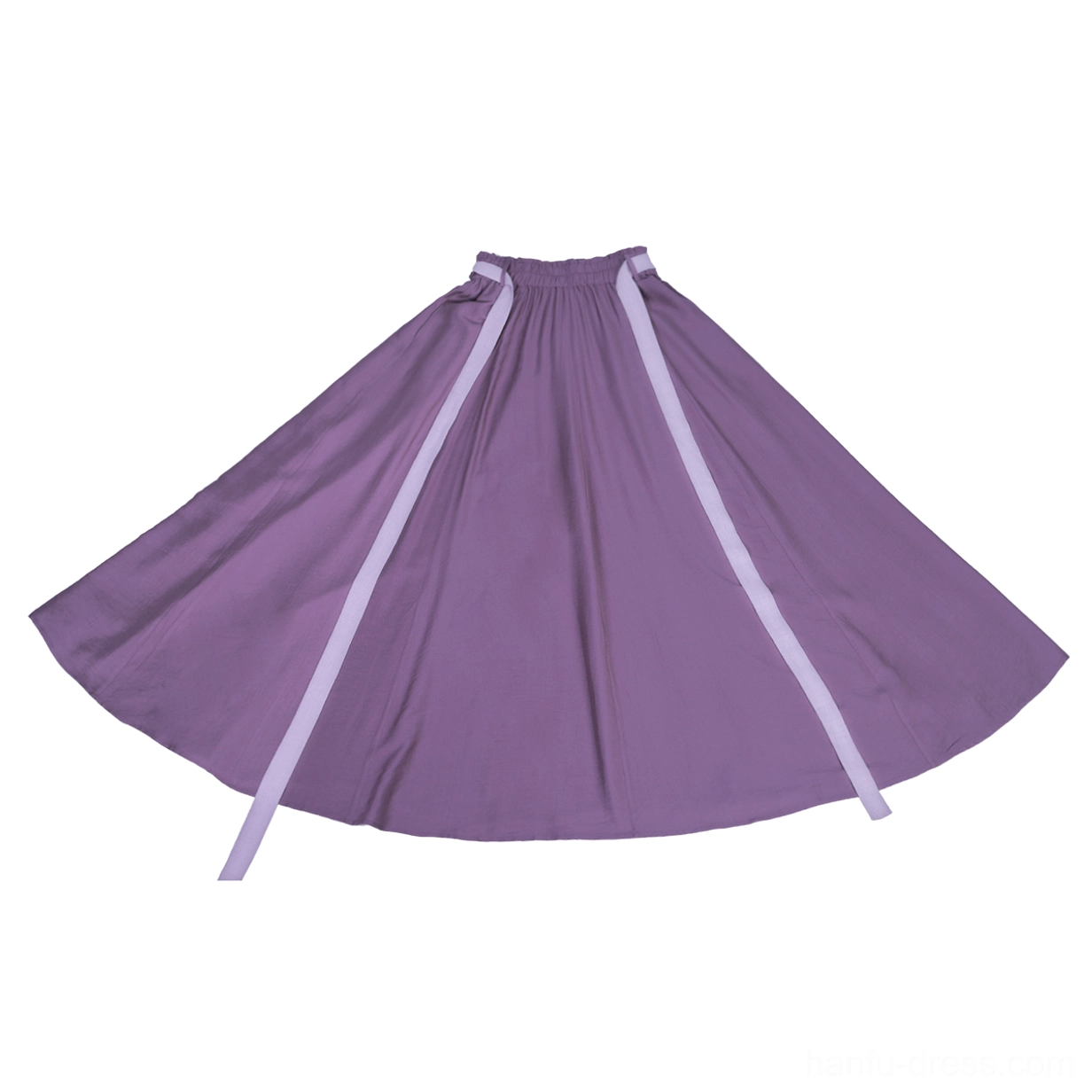 Flat lay view of the deep purple A-line Song Dynasty Hanfu long skirt with light purple waist ribbons and hidden side pockets