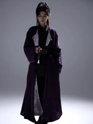 Front full-body view of deep purple round-neck Tang Dynasty Hanfu robe with contrast collar and ornate waist styling