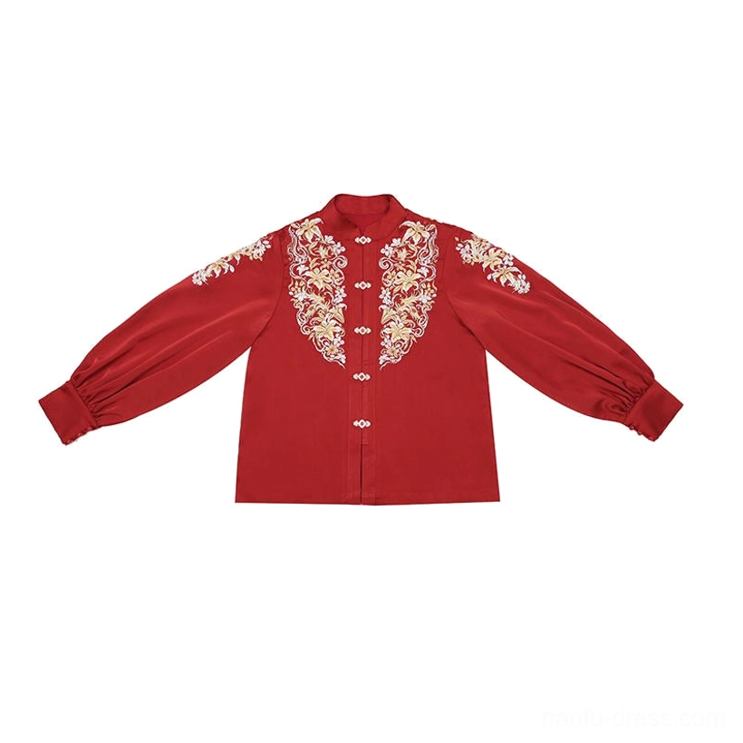 Deep red Ming Dynasty Hanfu blouse with golden floral embroidery lantern sleeves and traditional stand collar