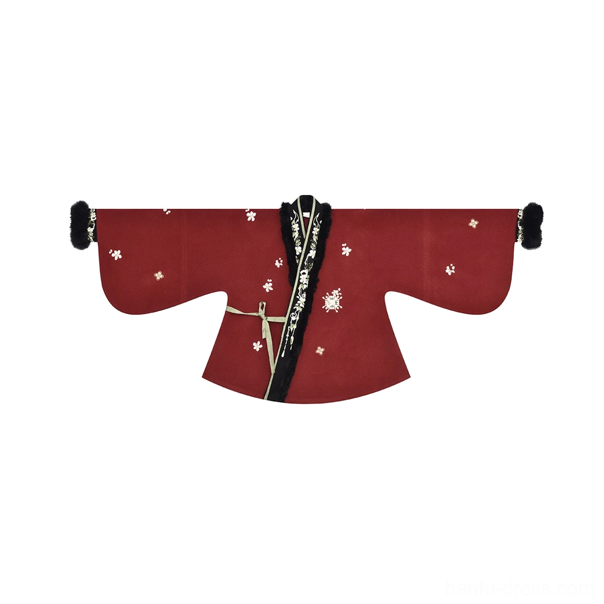 Deep red Ming Dynasty Hanfu cross-collar jacket with small white floral patterns and contrasting traditional placket shown in flat lay