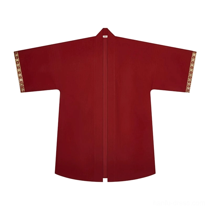 Flat lay view of a deep red Ming-style cross-collar long outer robe with patterned trim on the sleeve edges and front placket