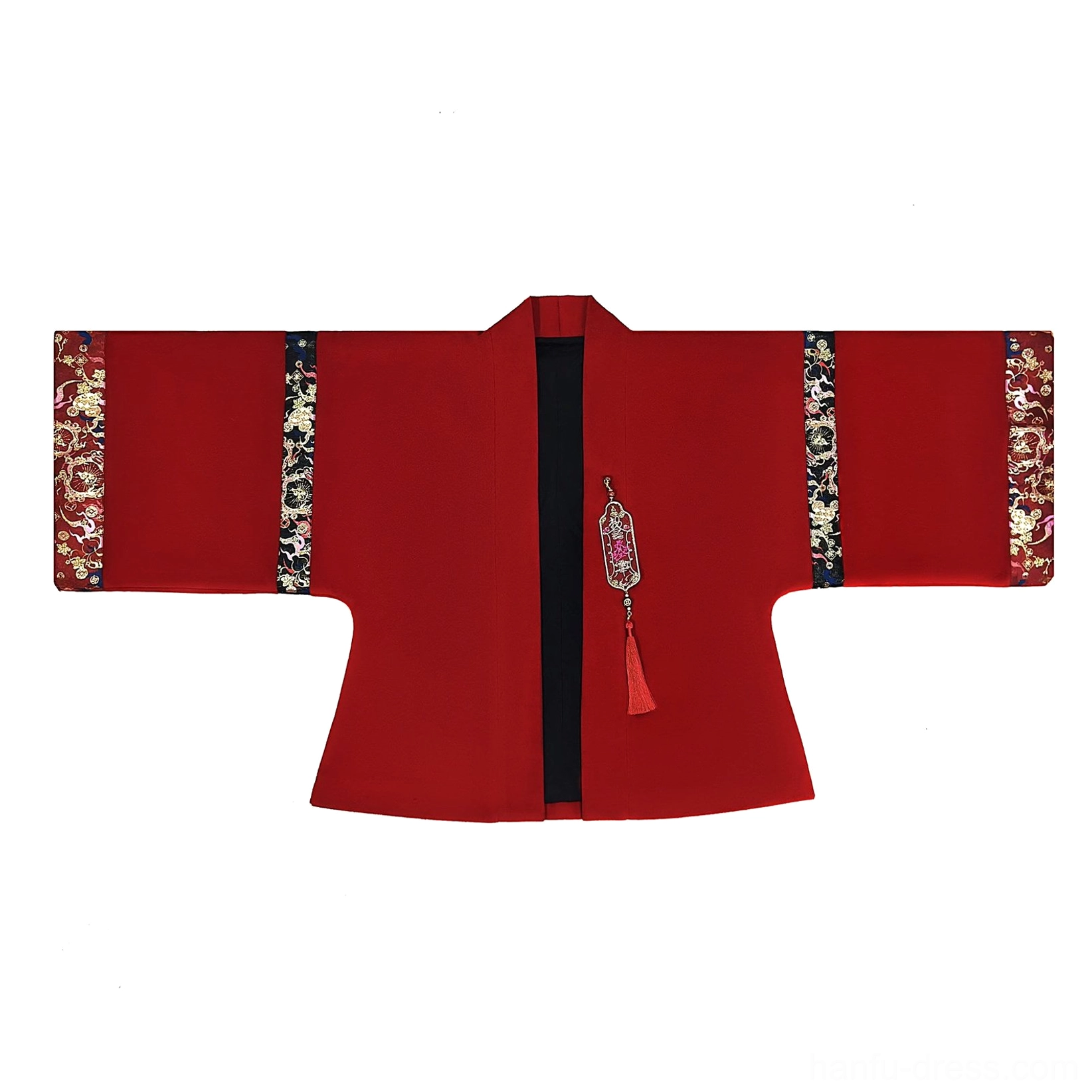 Flat lay of a deep red modern Ming-inspired Hanfu outer jacket with embroidered placket, cuffs, and central tassel pendant
