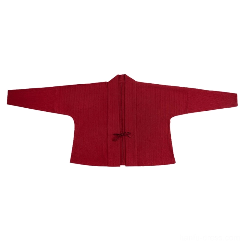 Flat lay display of deep red Song style Hanfu wing sleeve top with cross collar front tie and subtle striped fabric texture