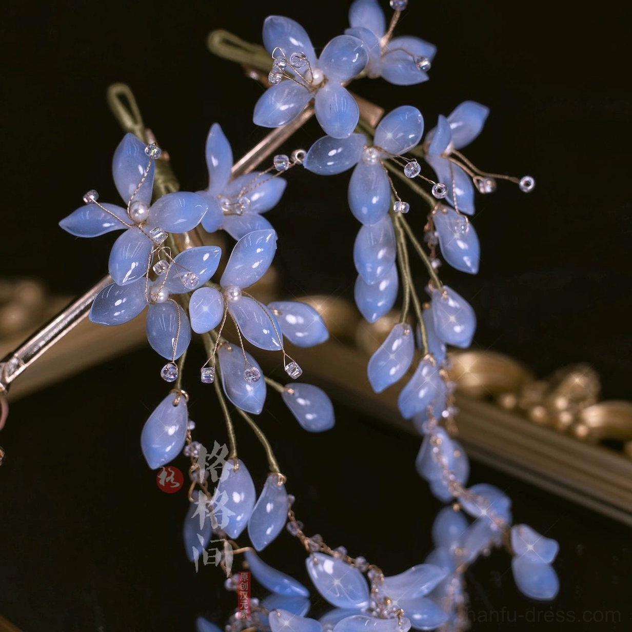 Deep sky blue wisteria glass hair pins with rich blue glass petals matching bead tassels and sparkling crystal accents