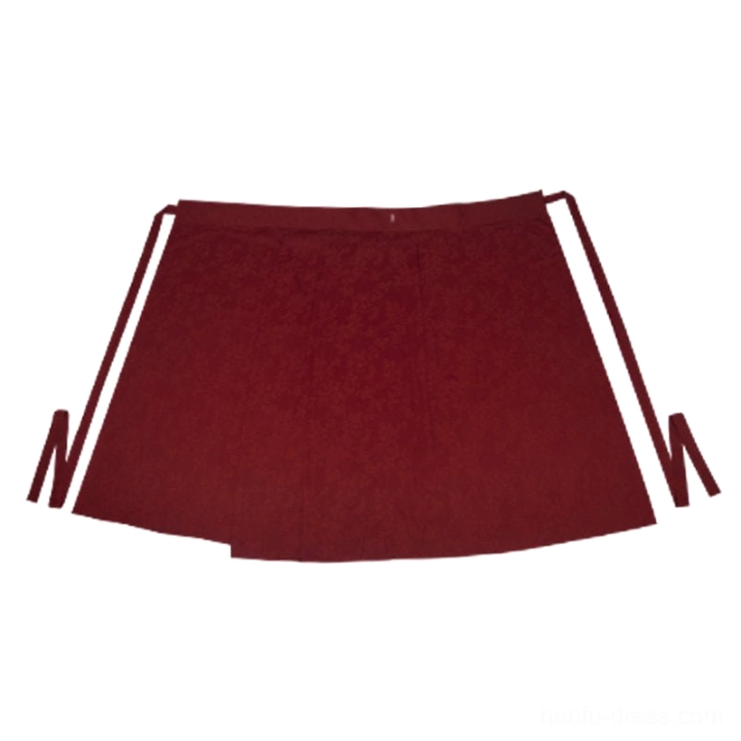 Flat lay display of deep wine-red Hanfu wrap skirt with high waist, wide flowing shape, textured fabric, and adjustable side ties
