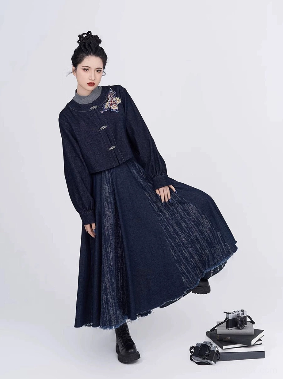 Dynamic view of denim Tang Dynasty Hanfu set showing lantern sleeves embroidered jacket and distressed eight-panel skirt hem