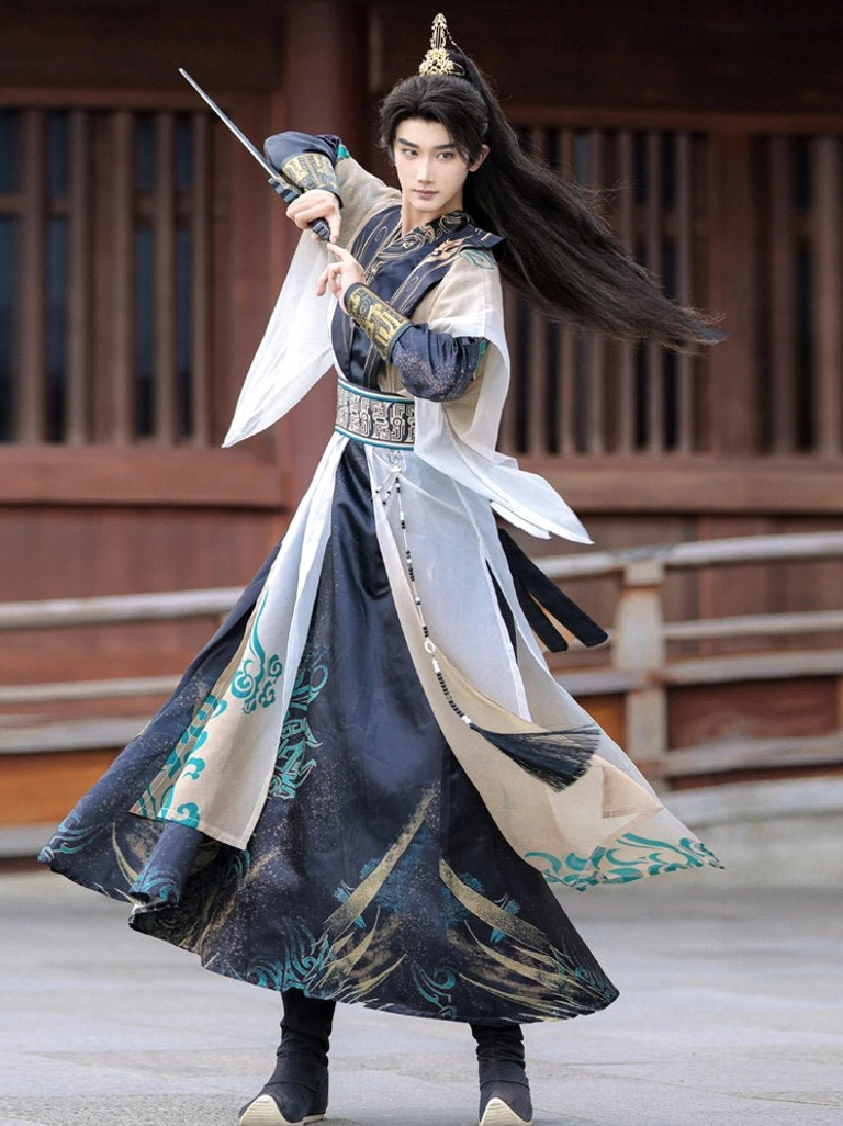 Men's wuxia hanfu costume in dynamic sword fighting pose showing layered robes, detailed wrist guards and fantasy warrior styling