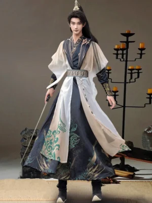 Men wearing Depths of Heaven wuxia hanfu set with navy and ivory layered robe, waist sash, wrist guards and sword in Chinese fantasy drama styling