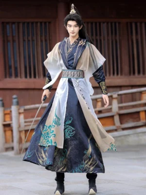 Full body front view of men's xianxia wuxia hanfu costume with dark navy robe, sheer outer layers, decorative waist sash and sword