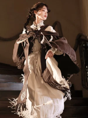 Close three-quarter view of Desert Wanderer Chinese-inspired modern Hanfu dress with draped brown shawl drawstring waist and fabric pouch