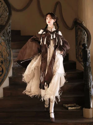 Desert Wanderer modern Hanfu dress set front view with ivory long dress brown embroidered tassel shawl and vintage staircase styling
