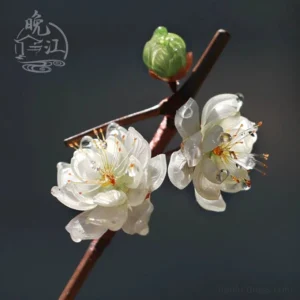 Double white plum blossom Chinese hair stick with glossy translucent flowers green bud and branch-inspired brown stem