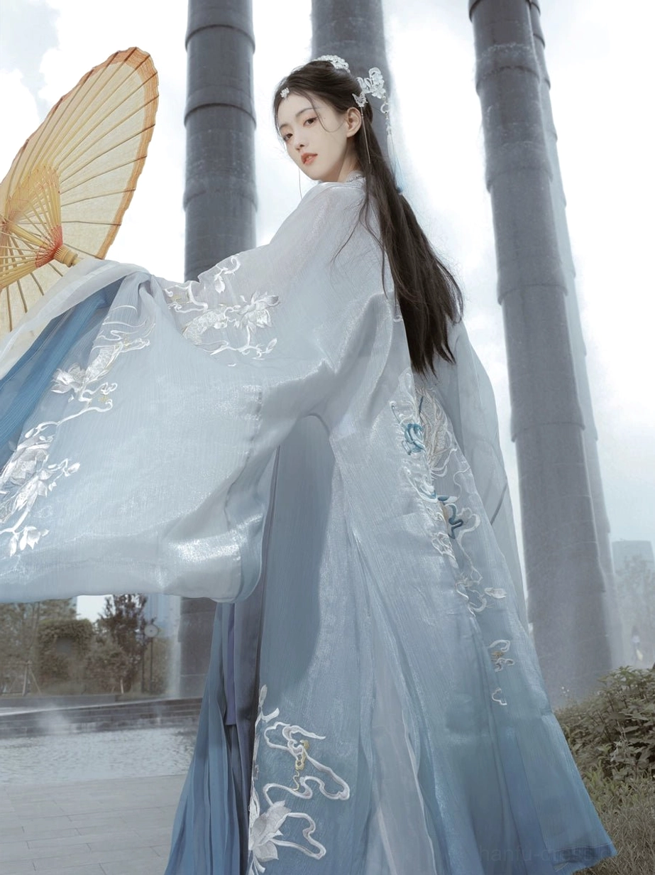 Back three-quarter view of Dragon Queen Tang Dynasty Hanfu dress featuring silver cloud and dragon-inspired embroidery on wide sleeve outer robe