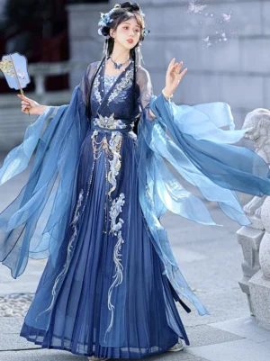 Chinese fantasy Hanfu full set shown from a three-quarter front view with flowing blue sleeves, embroidered floral and wave skirt, sheer camisole, and gemstone necklace