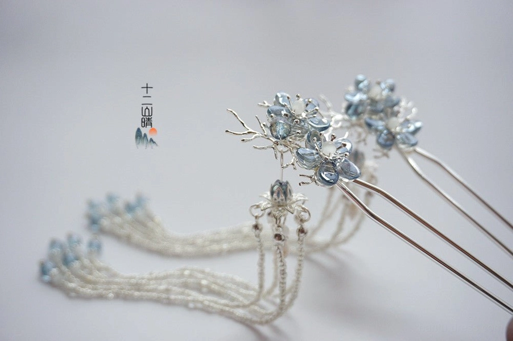 Matching blue crystal floral tassel hairpins for Hanfu hairstyle and traditional Chinese inspired updos