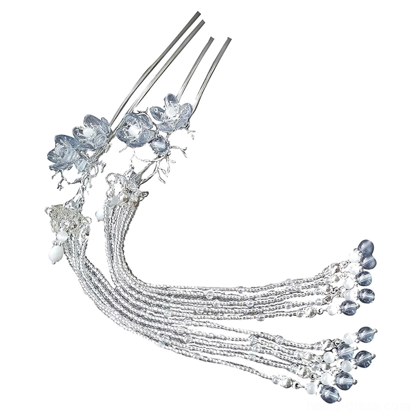 Single Dream of Seas silver toned Hanfu hairpin featuring a clear blue crystal flower and long flowing tassels