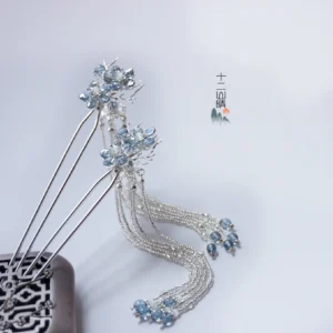 Dream of Seas sky blue crystal flower Hanfu tassel hairpin with silver toned hair fork and long beaded tassels