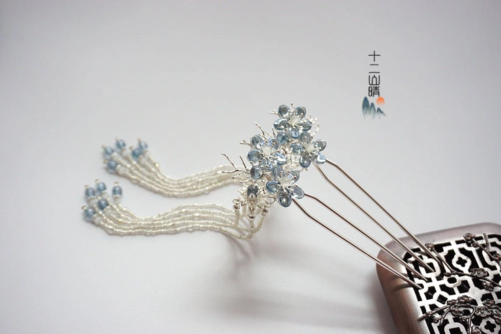 Dream of Seas sky blue flower hairpin with off white bead tassels and silver toned Chinese style hair fork
