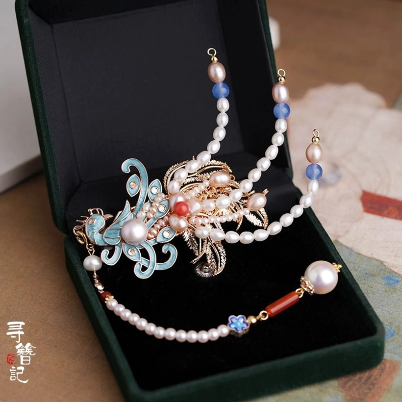 Large blue cloisonne phoenix hairpin with matching pearl tassel chain red agate pendants and blue glass beads