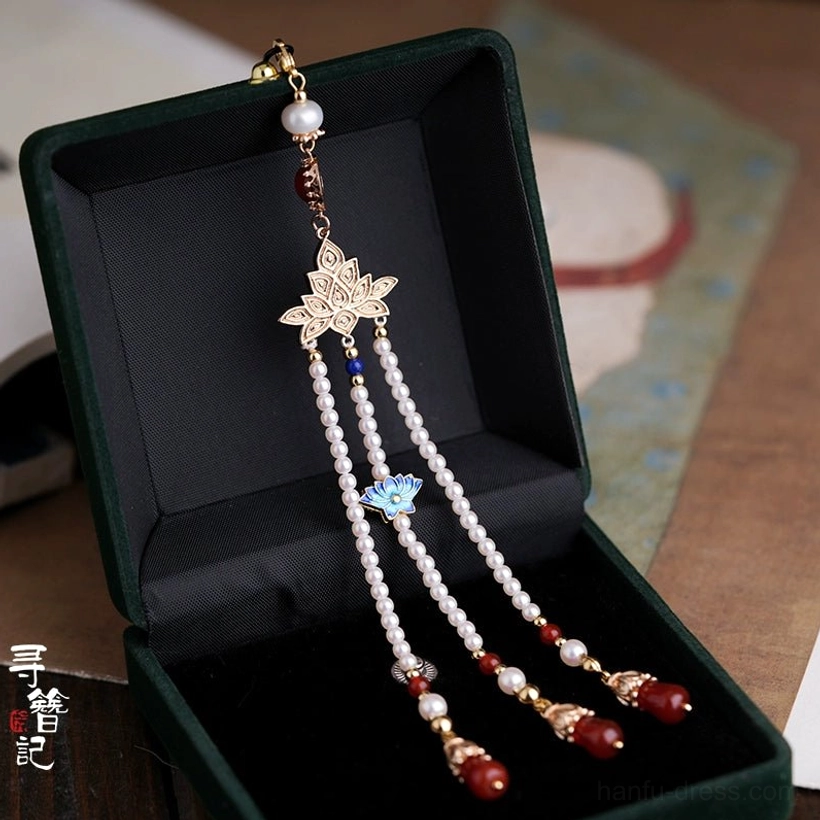 Traditional Chinese lotus side hair accessory with long pearl tassels blue glass beads and red pendant accents in velvet box