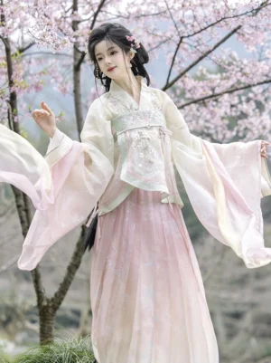 Drunken Blossoms Wei Jin Dynasty qiyao ruqun Hanfu full outfit front view with pink gradient skirt, sheer wide sleeves, floral embroidery and cherry blossoms