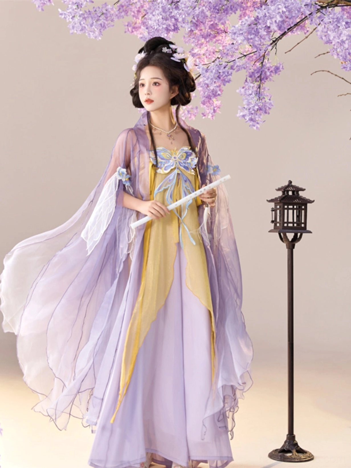 Side view of Drunken Dream Butterfly Qixiong Ruqun Hanfu with lavender outer robe golden inner dress and long sash