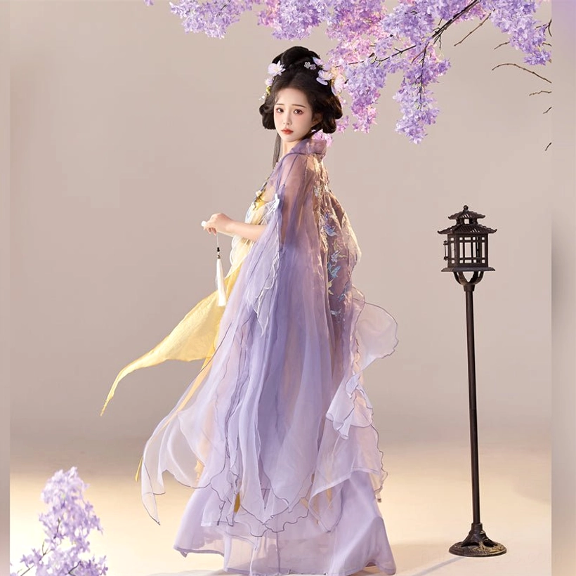 Back side view of lavender big sleeve top from Drunken Dream Butterfly Tang Dynasty Hanfu with long flowing sheer train