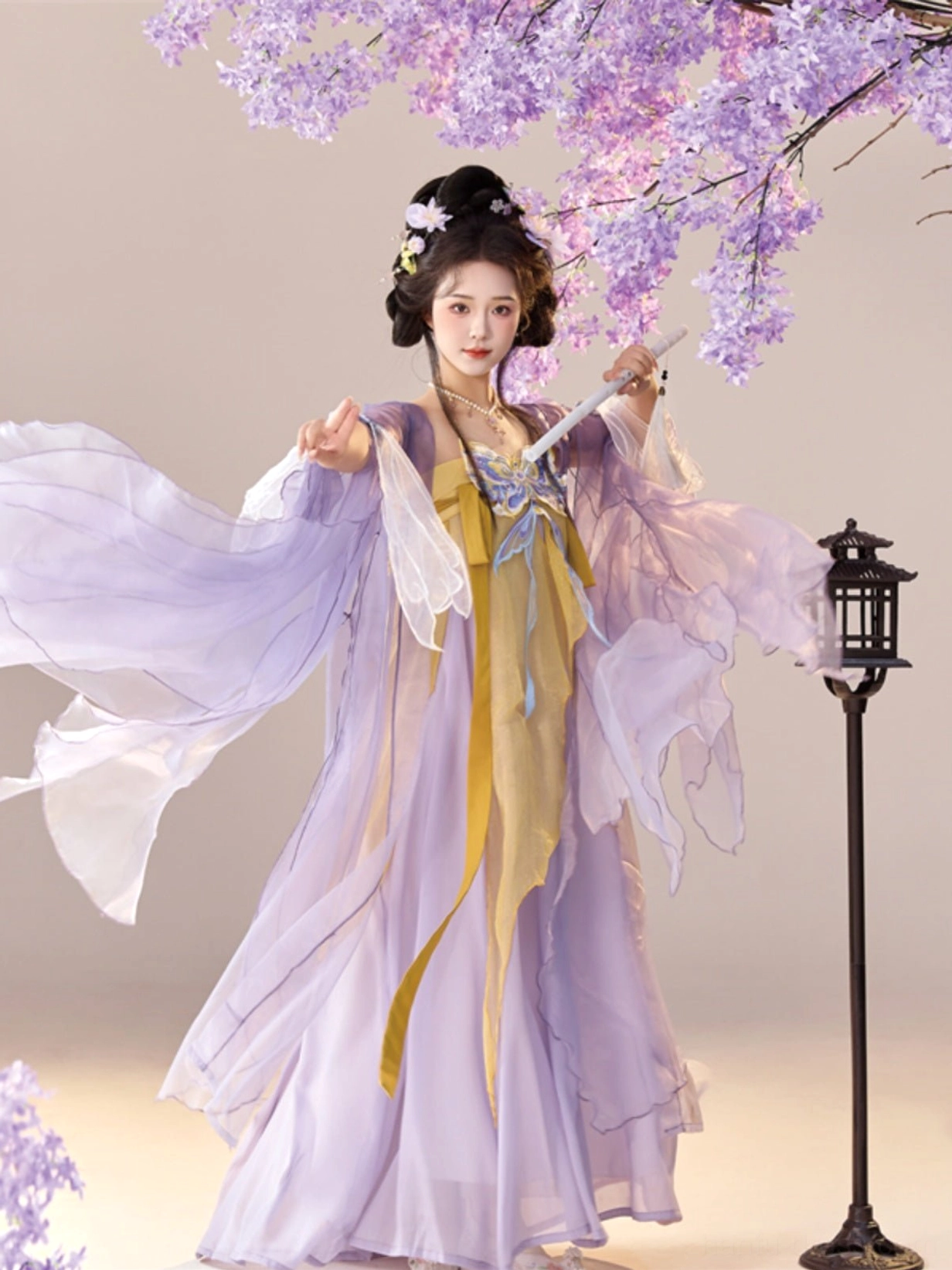 Tang Dynasty Hanfu complete outfit front pose featuring wide lavender big sleeves and golden yellow Qixiong Ruqun dress