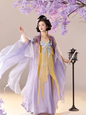 Tang Dynasty style Qixiong Ruqun Hanfu three quarter view showing flowing lavender sheer sleeves and butterfly embroidered golden dress