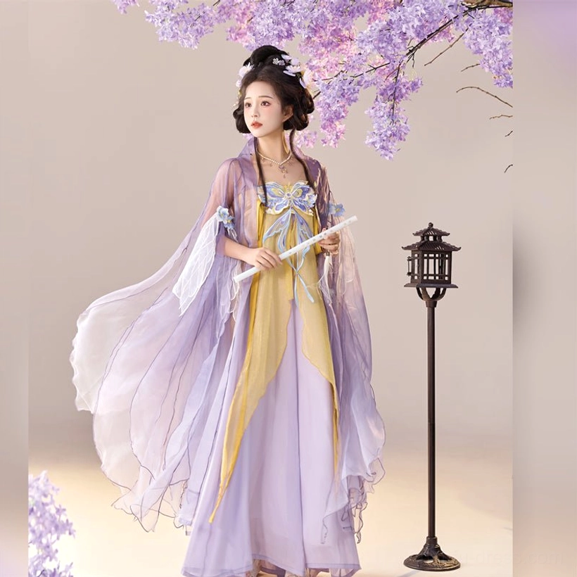 Complete Drunken Dream Butterfly Tang Dynasty Qixiong Ruqun Hanfu set with lavender outer layer and slim golden embroidered dress