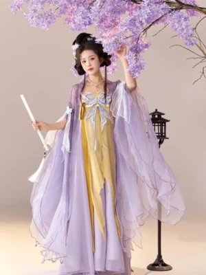 Drunken Dream Butterfly Tang Dynasty Qixiong Ruqun Hanfu complete set front view with lavender sheer big sleeve top and golden embroidered dress