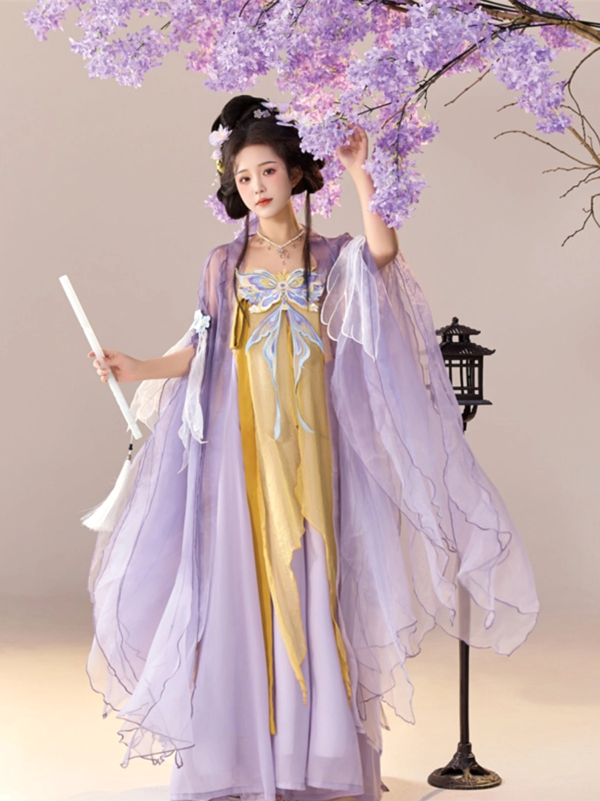 Drunken Dream Butterfly Tang Dynasty Qixiong Ruqun Hanfu complete set front view with lavender sheer big sleeve top and golden embroidered dress
