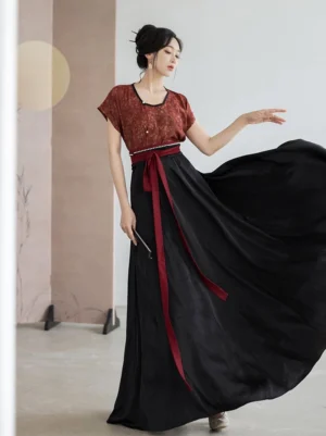 Drunken Flowers Tang Dynasty inspired modern Hanfu beizi top and black wrap skirt full outfit three quarter front view