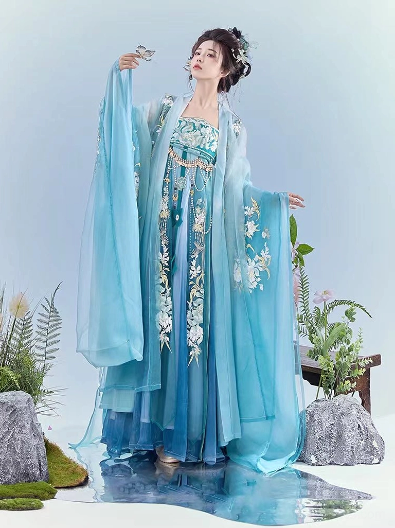 Blue gradient Tang Dynasty Heziqun Hanfu dress with white floral embroidery and flowing wide sleeve outer coat
