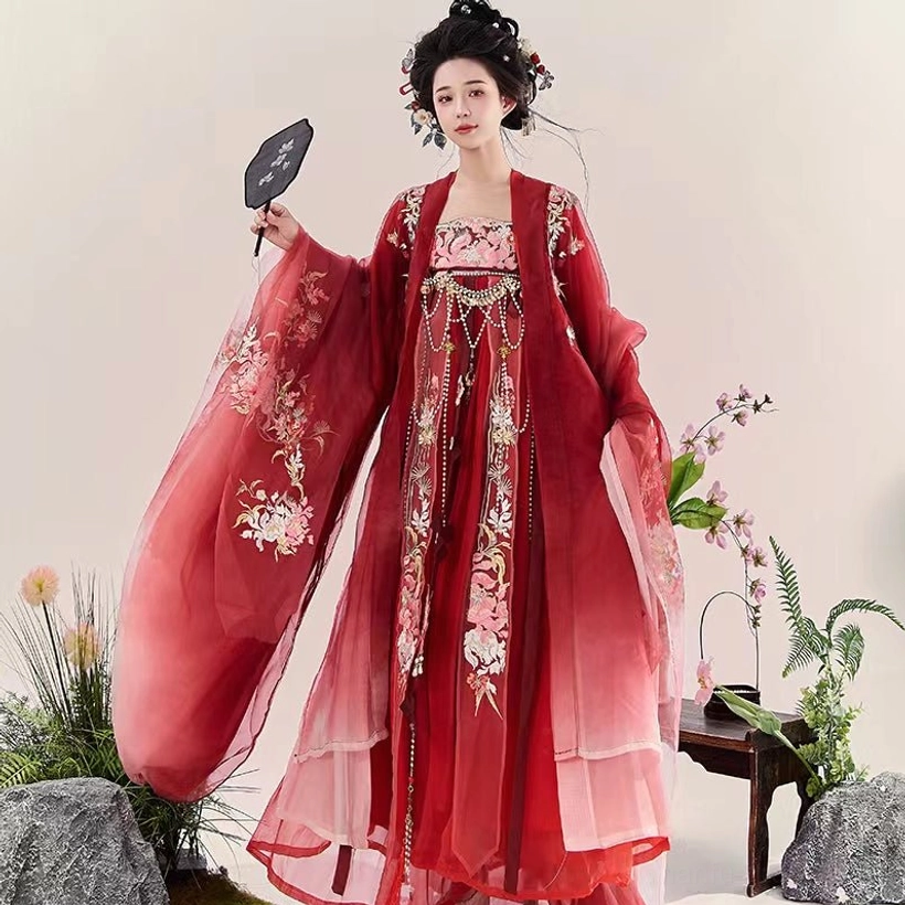 Deep red Tang Dynasty style Heziqun Hanfu complete set showing embroidered bodice, floral sleeves, and layered skirt