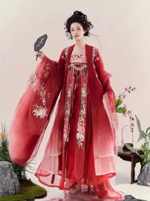 Deep red gradient Tang Dynasty Heziqun Hanfu dress with floral embroidery and wide flowing sleeves front view