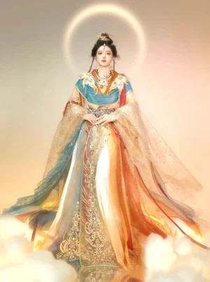 Front full-body view of a Dunhuang Apsara embroidered Tang Dynasty Hanfu full set with wide sheer sleeves, gold floral embroidery, colorful layered skirt, traditional waist jewelry, and celestial styling
